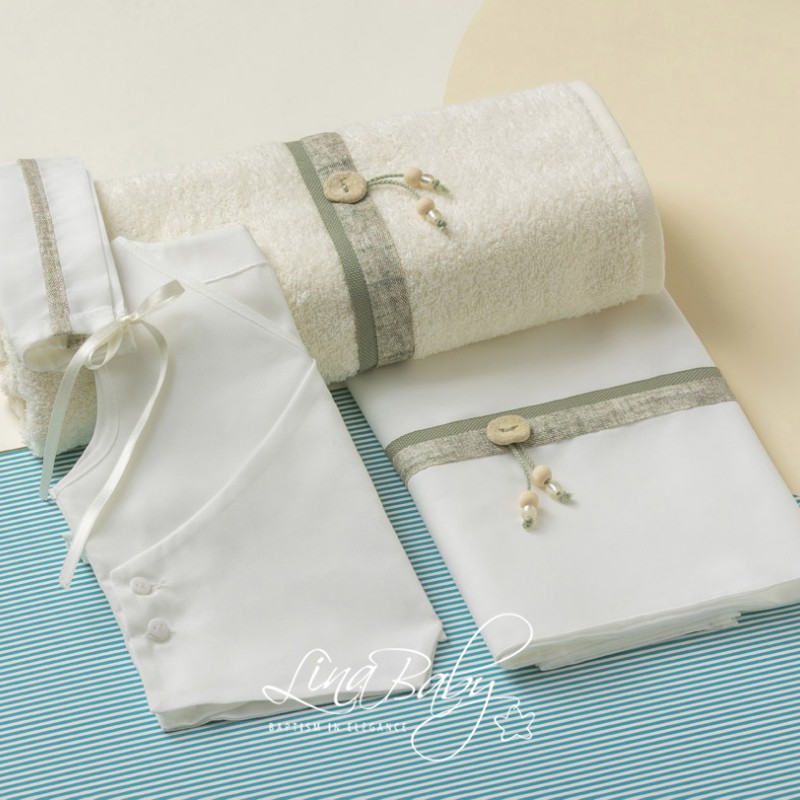 Λαδόπανα Βάπτισης – Εκρού με Χακί Τρέσα & Boho Λεπτομέρειες