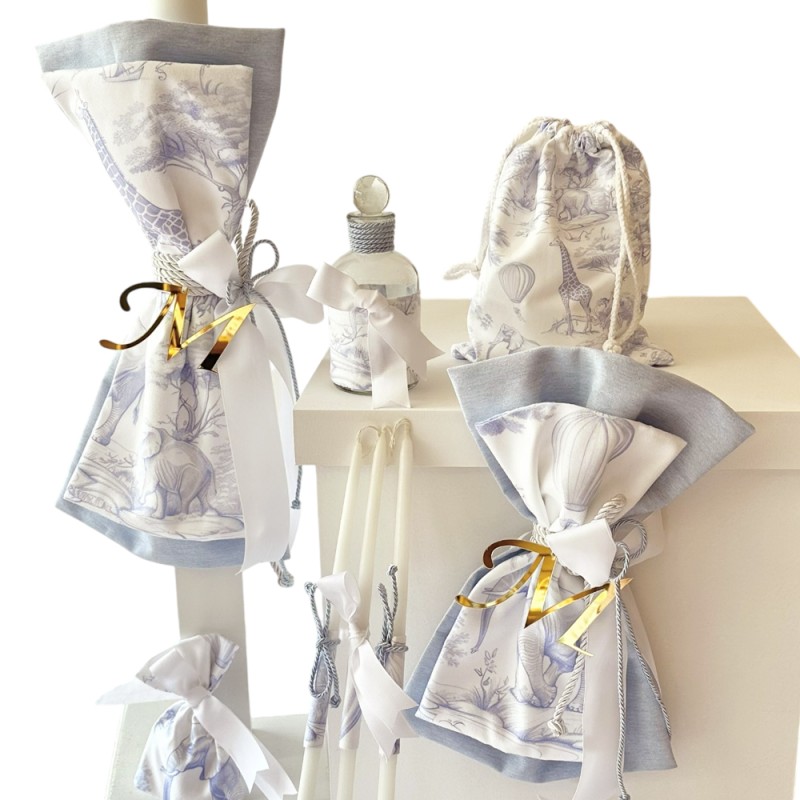 Σετ Νονού Βάπτισης Toile de Jouy Μπλε Ζωάκια - Κουτί, Λαμπάδα & Λαδοσέτ