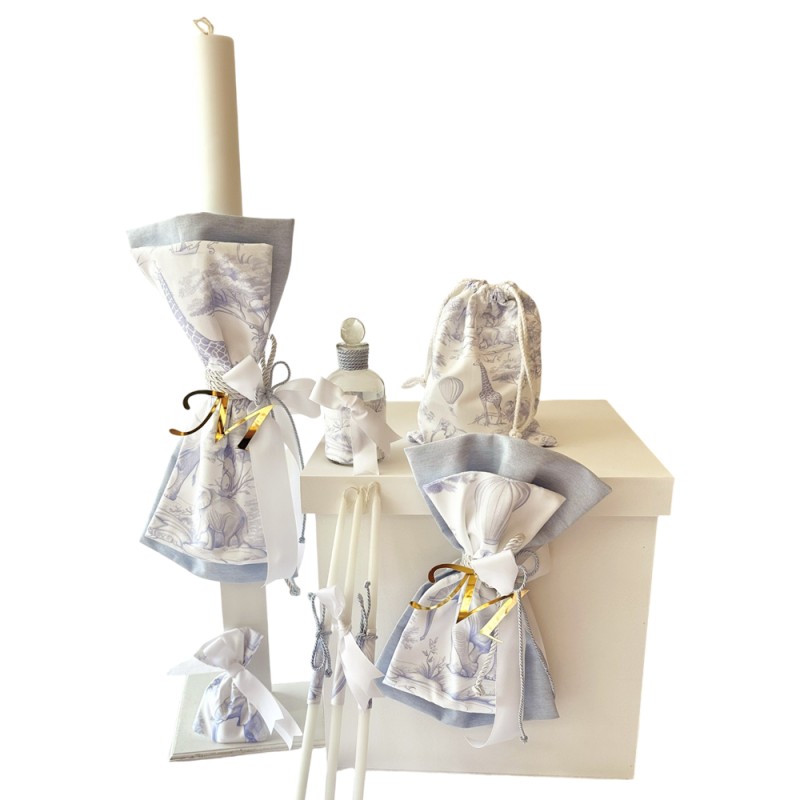 Σετ Νονού Βάπτισης Toile de Jouy Μπλε Ζωάκια - Κουτί, Λαμπάδα & Λαδοσέτ