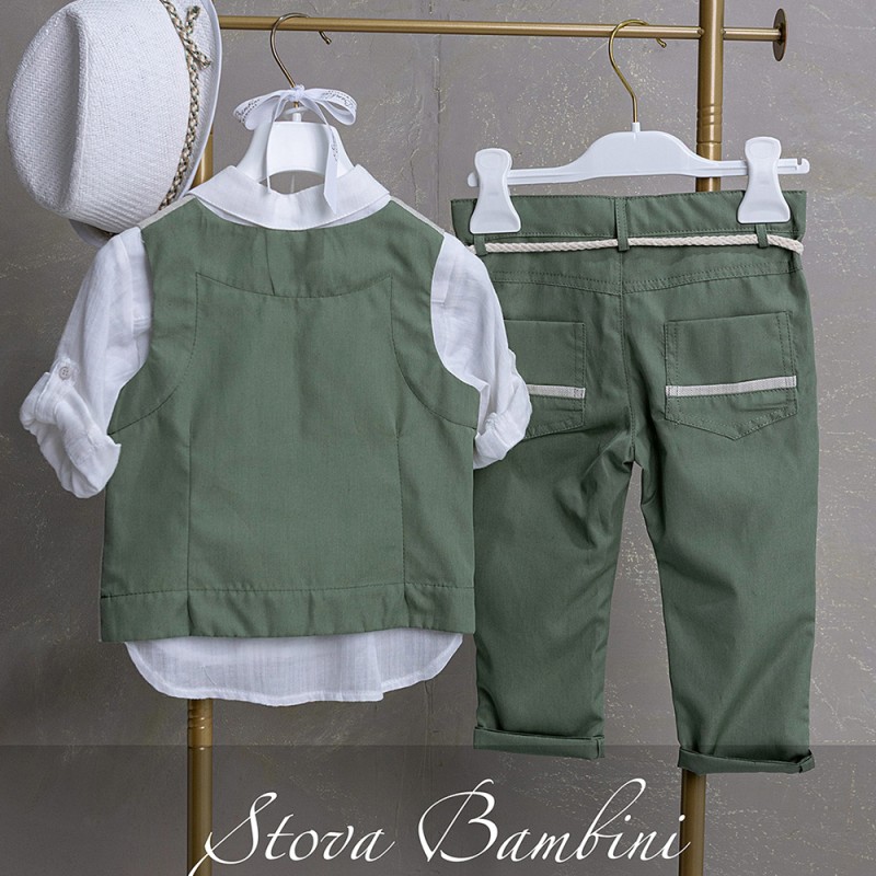 Βαπτιστικό Σύνολο Αγόρι Πράσινο & Μπεζ με Κλασικό Γιλέκο – Stova Bambini