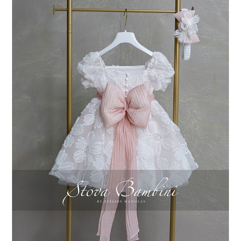 Βαπτιστικό Φόρεμα Κορίτσι Ροζ με 3D Λουλούδια & Φιόγκο – Stova Bambini