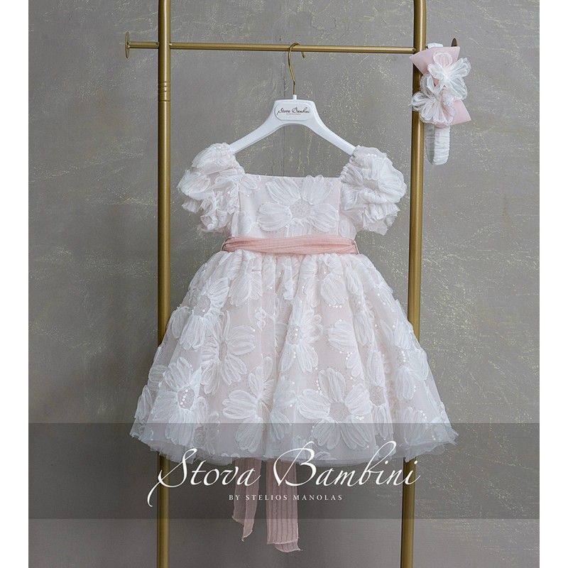 Βαπτιστικό Φόρεμα Κορίτσι Ροζ με 3D Λουλούδια & Φιόγκο – Stova Bambini