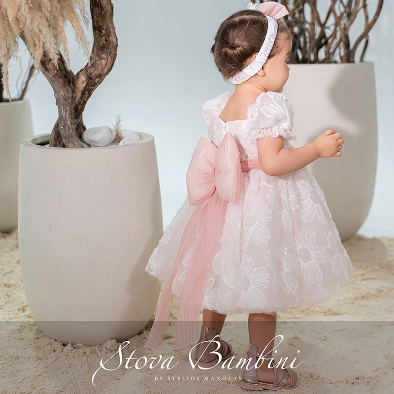 Βαπτιστικό Φόρεμα Κορίτσι Ροζ με 3D Λουλούδια & Φιόγκο – Stova Bambini