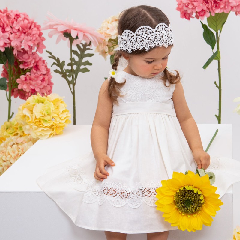 Βαπτιστικό Φόρεμα Εκρού Λινό με Δαντέλα Ioanna – Bambolino