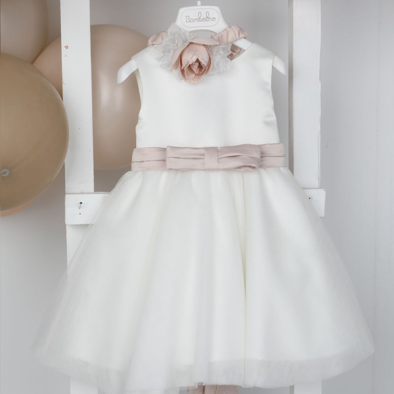 Βαπτιστικό Φόρεμα Ιβουάρ Τούλι & Σατέν με Ζώνη Dusty Pink Danae – Bambolino