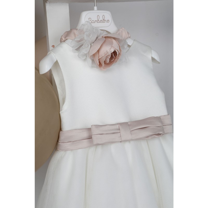 Βαπτιστικό Φόρεμα Ιβουάρ Τούλι & Σατέν με Ζώνη Dusty Pink Danae – Bambolino