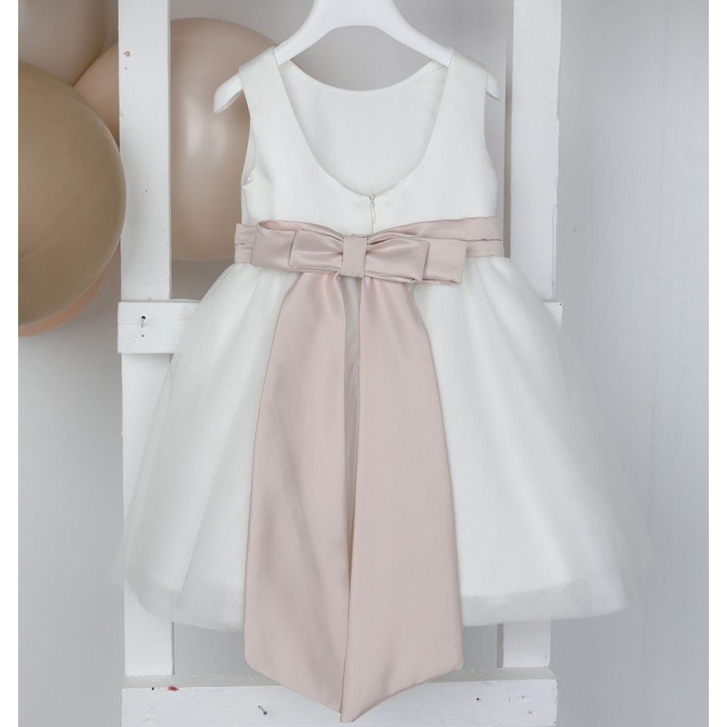 Βαπτιστικό Φόρεμα Ιβουάρ Τούλι & Σατέν με Ζώνη Dusty Pink Danae – Bambolino