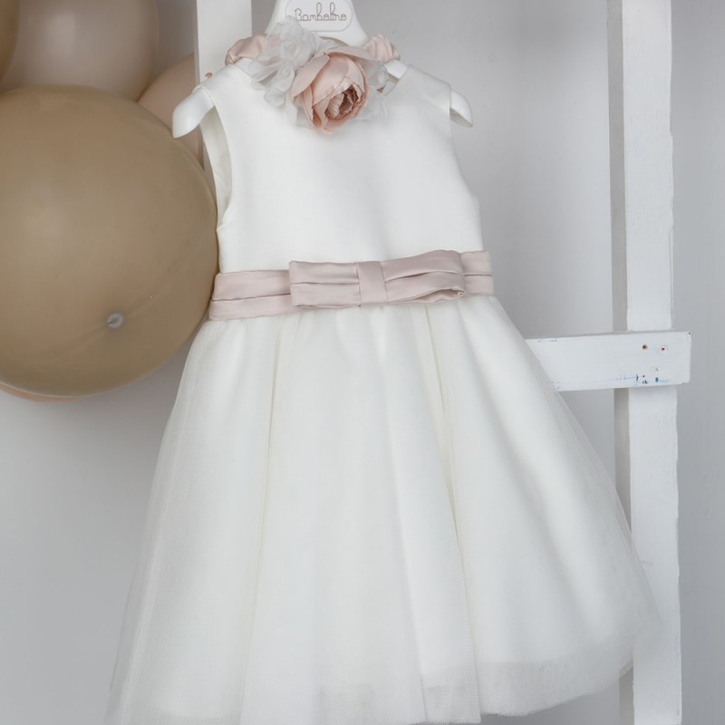 Βαπτιστικό Φόρεμα Ιβουάρ Τούλι & Σατέν με Ζώνη Dusty Pink Danae – Bambolino