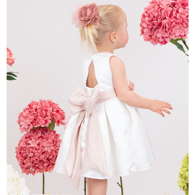 Βαπτιστικό Φόρεμα Ιβουάρ Σατέν με Φιόγκο & Ζώνη Dusty Pink Nefelia – Bambolino