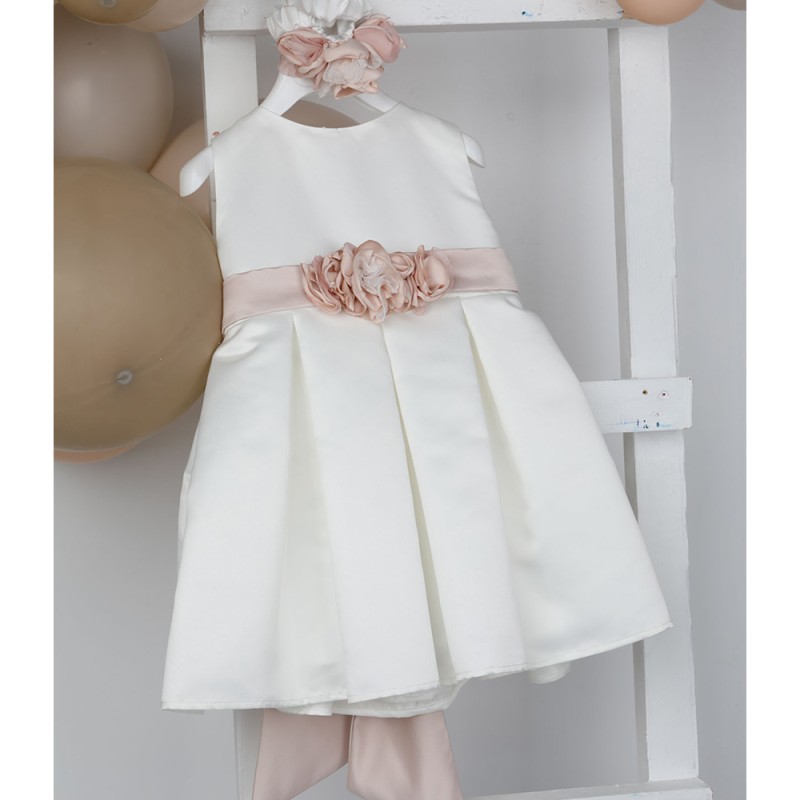 Βαπτιστικό Φόρεμα Ιβουάρ Σατέν με Φιόγκο & Ζώνη Dusty Pink Nefelia – Bambolino