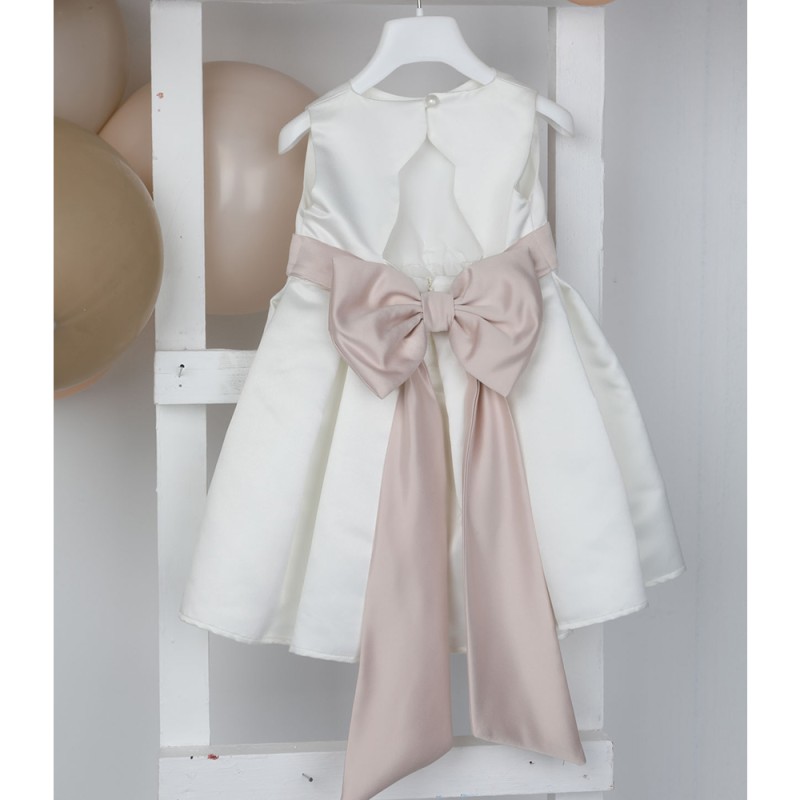 Βαπτιστικό Φόρεμα Ιβουάρ Σατέν με Φιόγκο & Ζώνη Dusty Pink Nefelia – Bambolino