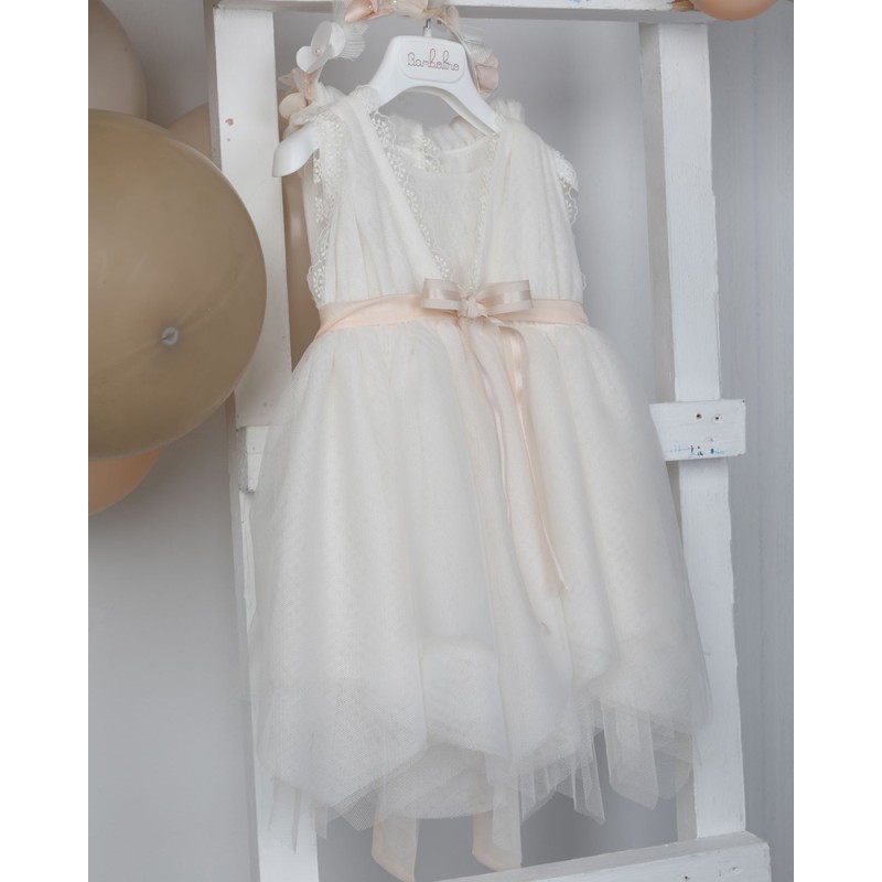 Βαπτιστικό Φόρεμα Εκρού Τούλι με Δαντέλα & Ζώνη Σομόν Olympia – Bambolino