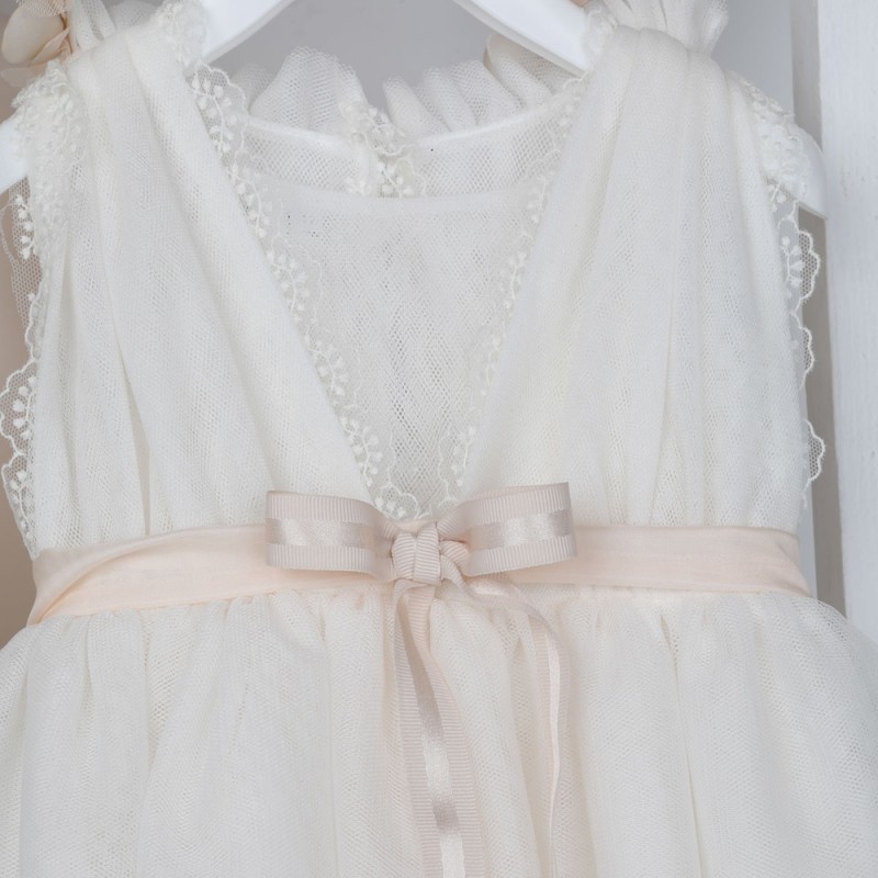 Βαπτιστικό Φόρεμα Εκρού Τούλι με Δαντέλα & Ζώνη Σομόν Olympia – Bambolino