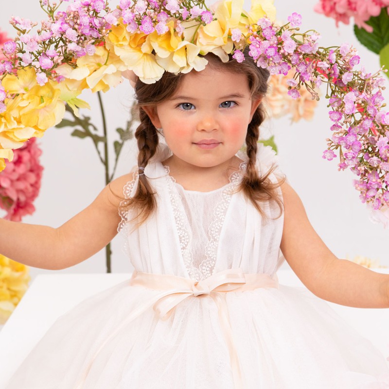 Βαπτιστικό Φόρεμα Εκρού Τούλι με Δαντέλα & Ζώνη Σομόν Olympia – Bambolino