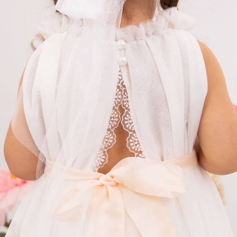 Βαπτιστικό Φόρεμα Εκρού Τούλι με Δαντέλα & Ζώνη Σομόν Olympia – Bambolino