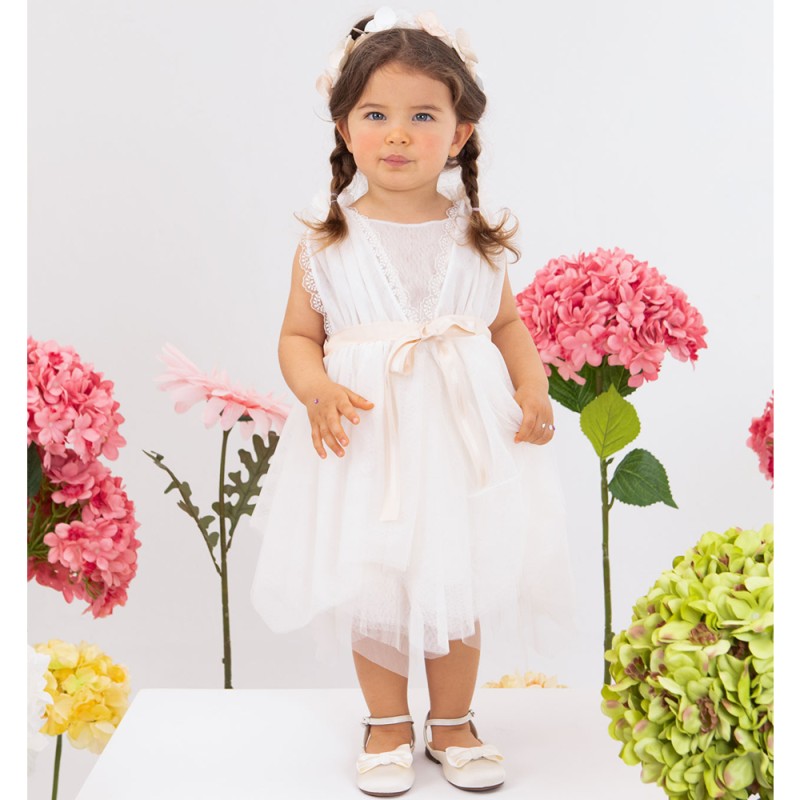 Βαπτιστικό Φόρεμα Εκρού Τούλι με Δαντέλα & Ζώνη Σομόν Olympia – Bambolino