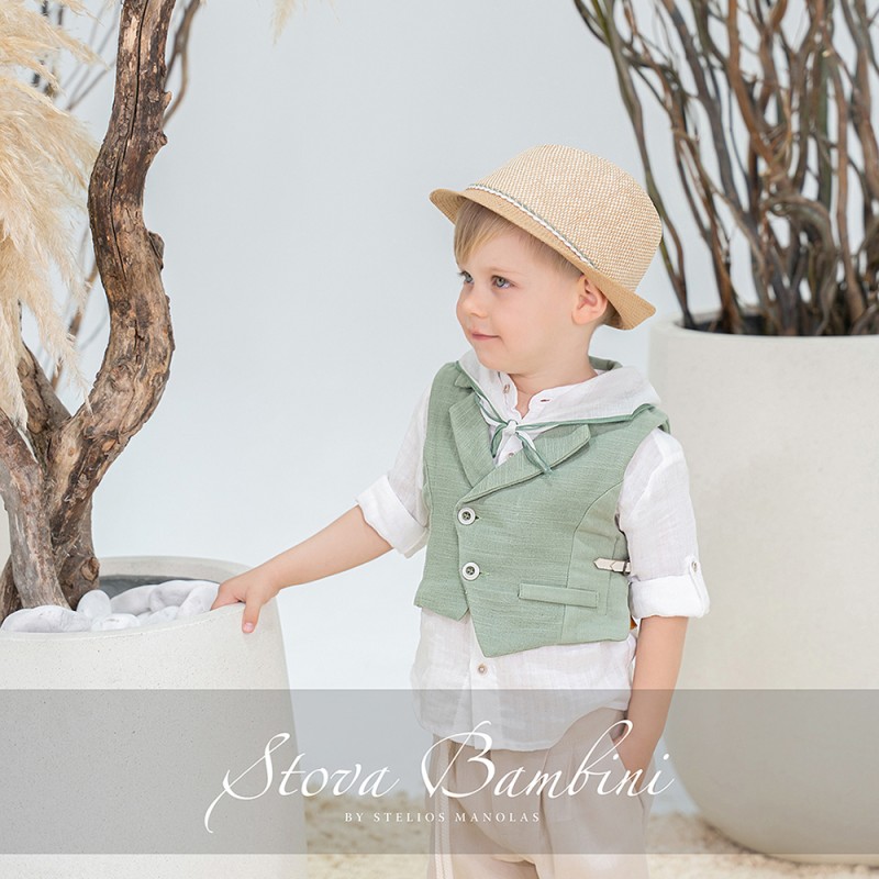 Βαπτιστικό Σύνολο Αγόρι Μέντα & Μπεζ με Ασύμμετρο Γιλέκο – Stova Bambini