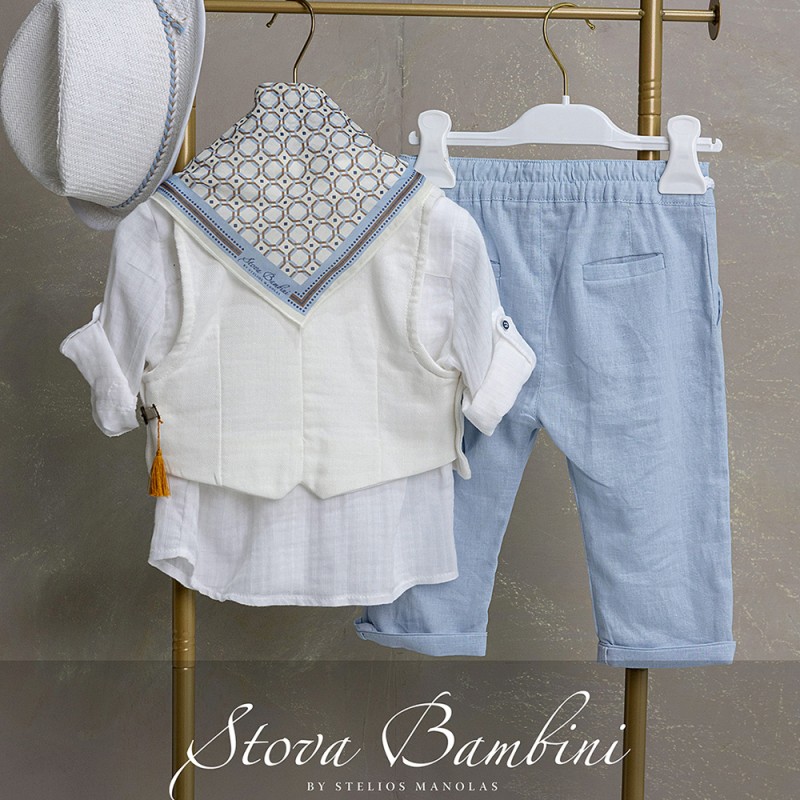 Βαπτιστικό Σύνολο Αγόρι Σιέλ & Λευκό με Ασύμμετρο Γιλέκο – Stova Bambini