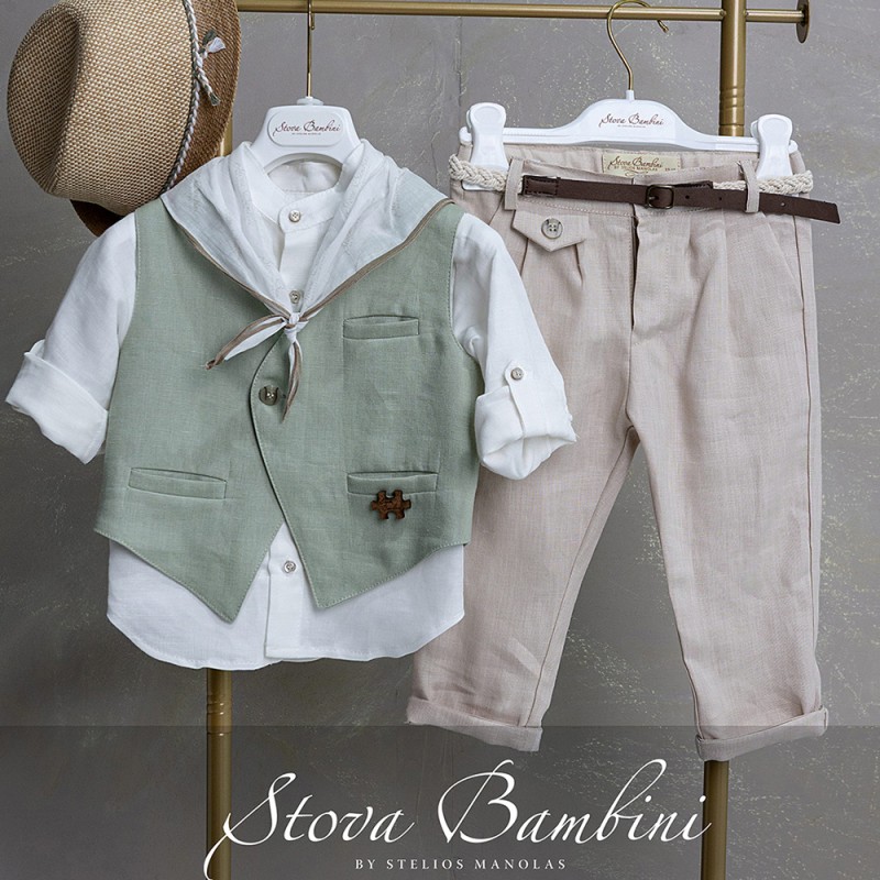Βαπτιστικό Σύνολο Αγόρι Μέντα & Μπεζ Linen – Stova Bambini