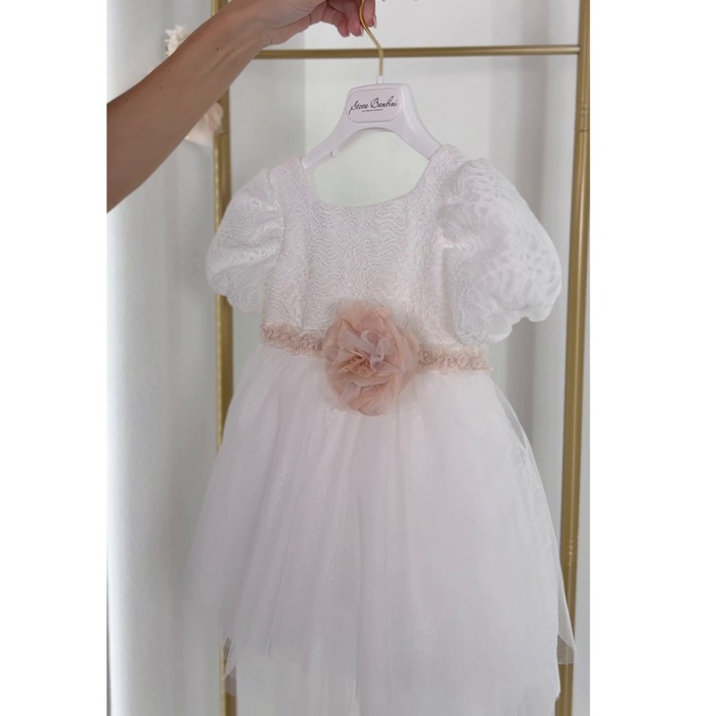 Βαπτιστικό Φόρεμα Κορίτσι Off-White με Δαντέλα & Σάπιο Μήλο