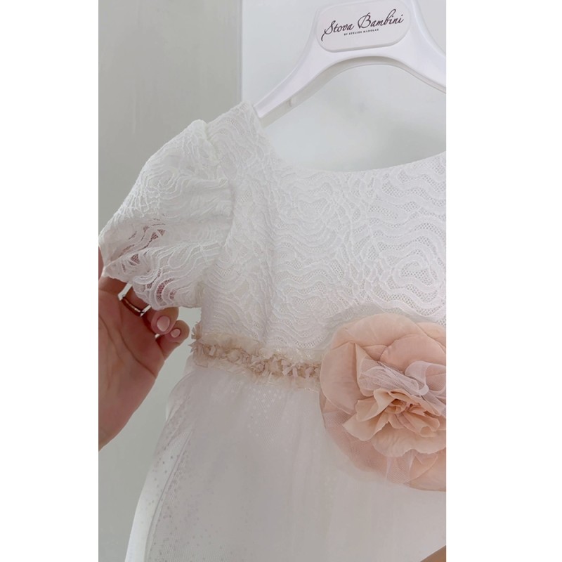 Βαπτιστικό Φόρεμα Κορίτσι Off-White με Δαντέλα & Σάπιο Μήλο
