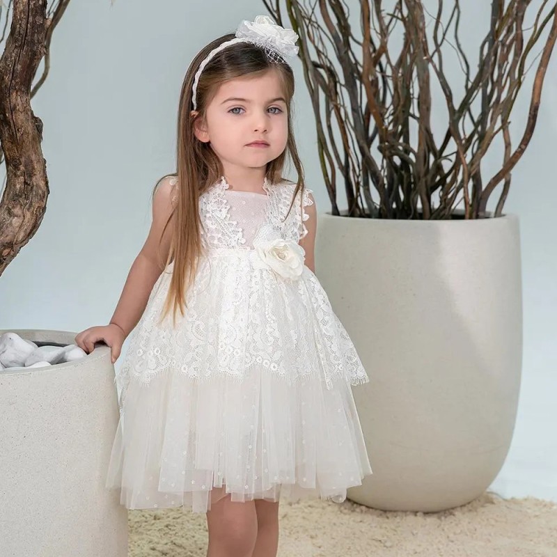Βαπτιστικό Φόρεμα Κορίτσι Ivory Δαντέλα & Τούλι Sophie Hallette – Stova Bambini