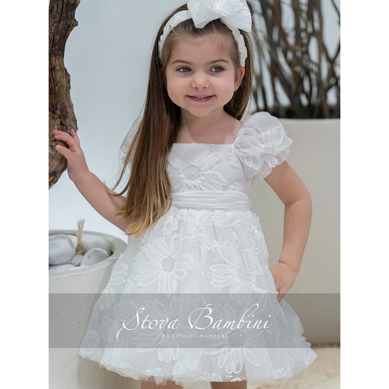 Βαπτιστικό Φόρεμα Κορίτσι Λευκό με 3D Λουλούδια & Φιόγκο – Stova Bambini