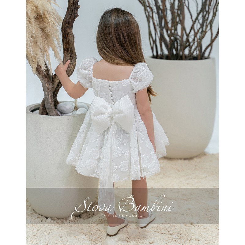 Βαπτιστικό Φόρεμα Κορίτσι Λευκό με 3D Λουλούδια & Φιόγκο – Stova Bambini