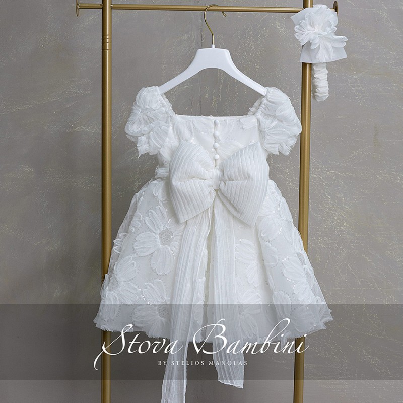 Βαπτιστικό Φόρεμα Κορίτσι Λευκό με 3D Λουλούδια & Φιόγκο – Stova Bambini