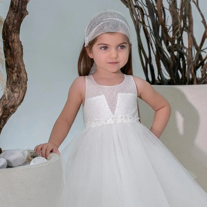 Βαπτιστικό Φόρεμα Κορίτσι Ivory Bridal με Τούλι & Φιογκάκια Πλάτης – Stova Bambini