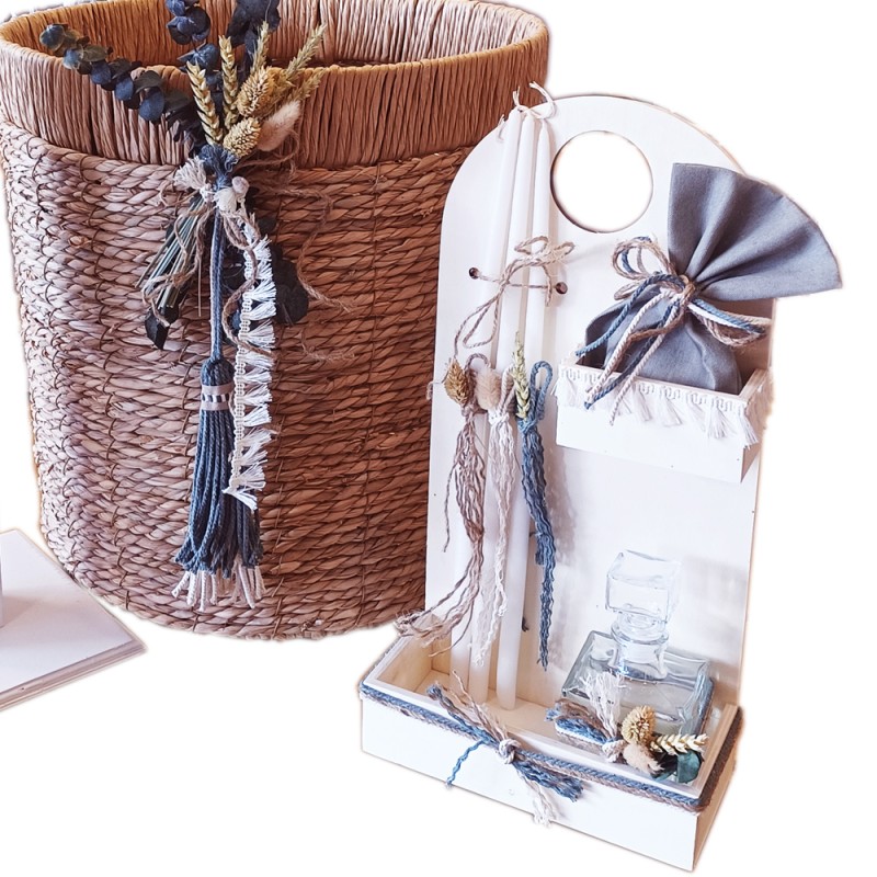 Σετ Βάπτισης Νονού – Boho Natural με Μονόγραμμα & Αποξηραμένα Λουλούδια