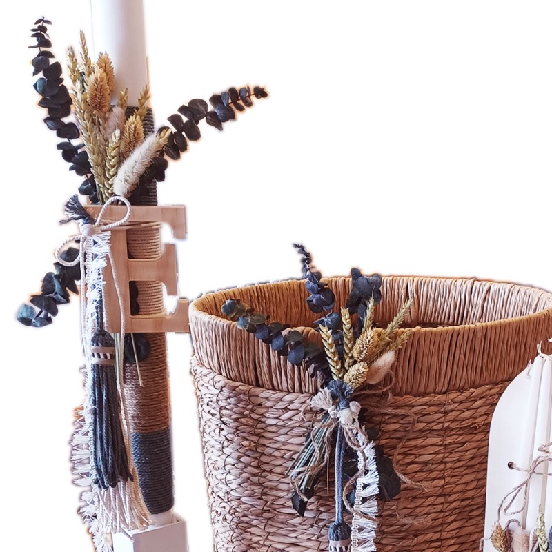 Σετ Βάπτισης Νονού – Boho Natural με Μονόγραμμα & Αποξηραμένα Λουλούδια