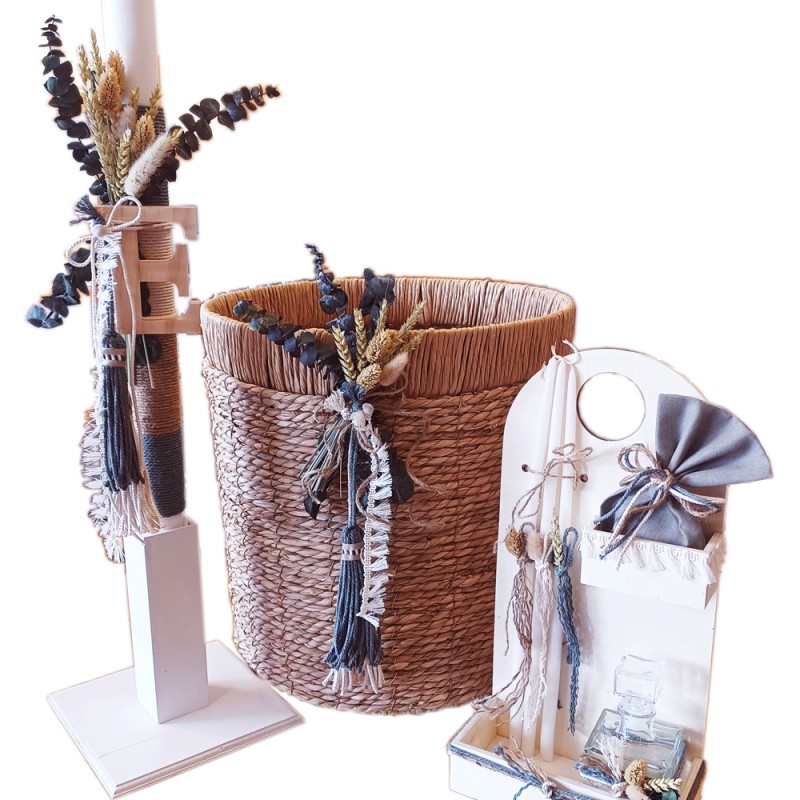 Σετ Βάπτισης Νονού – Boho Natural με Μονόγραμμα & Αποξηραμένα Λουλούδια