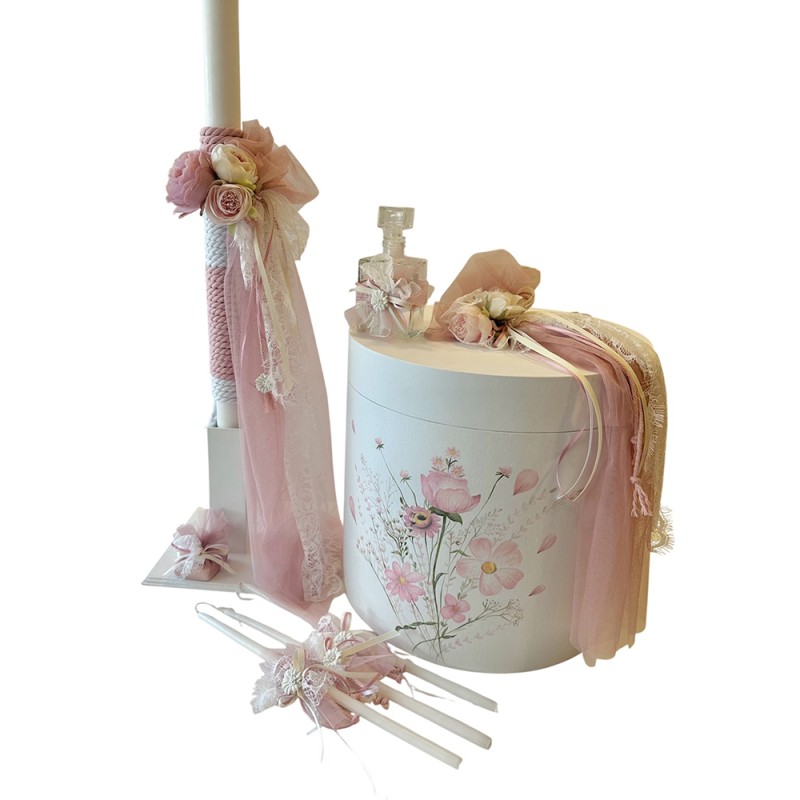 Σετ Βάπτισης Ροζ Floral - Καπελιέρα, Λαμπάδα & Λαδοσέτ