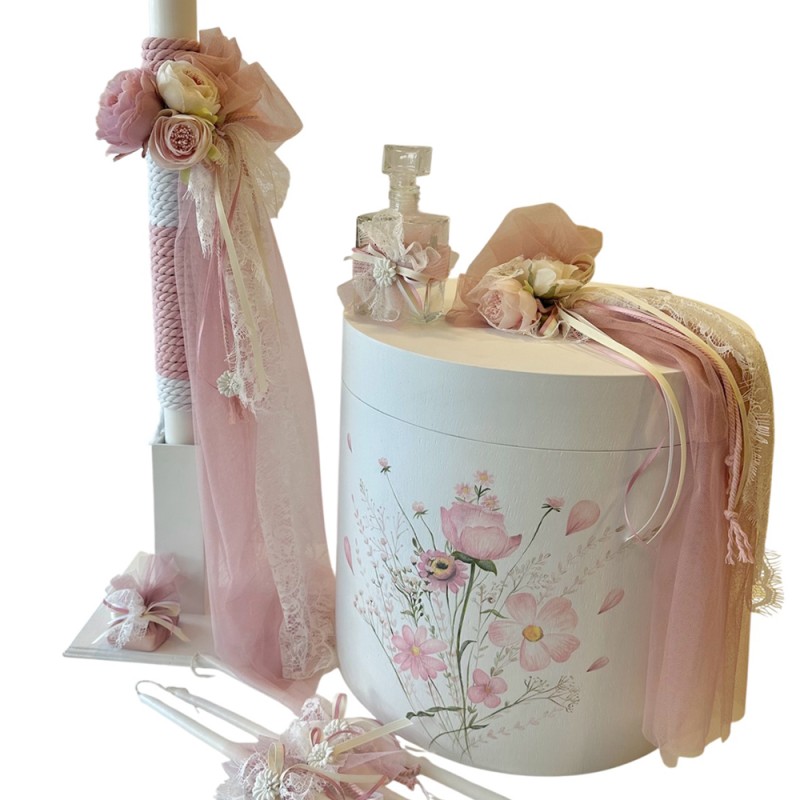 Σετ Βάπτισης Ροζ Floral - Καπελιέρα, Λαμπάδα & Λαδοσέτ