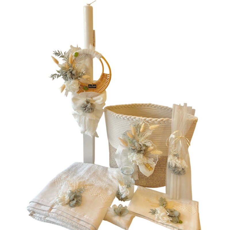 Boho Βαπτιστικό Σετ Νονού - Καλαθούνα, Λαδόπανα, Λαμπάδα & Λαδοσέτ