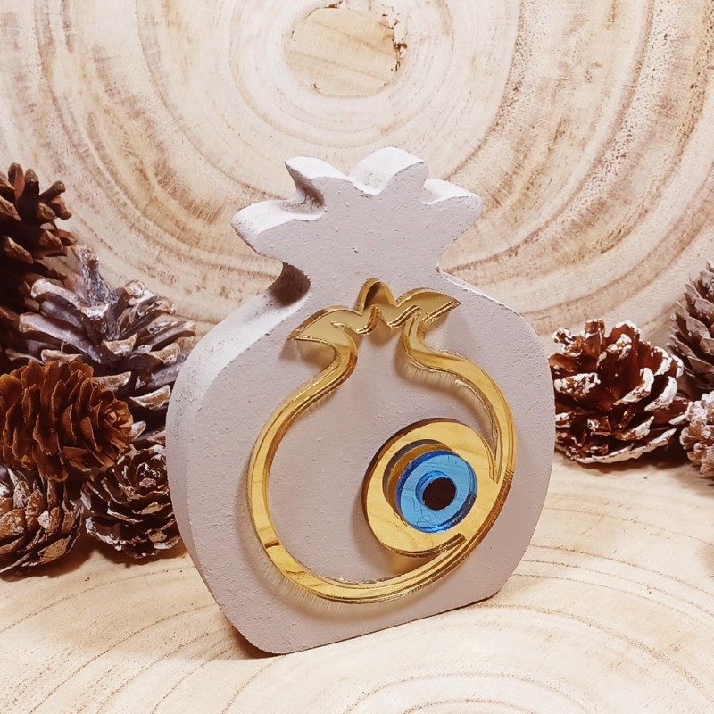 Γούρι Ξύλινο Ρόδι Γκρεζ με Χρυσό Μάτι Plexiglass