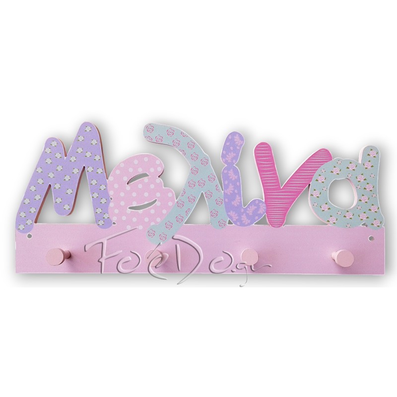 Χειροποίητη Κρεμάστρα Τοίχου με Όνομα – Ροζ, Λιλά, Βεραμάν