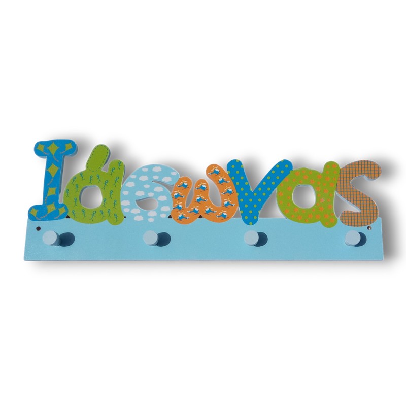 Χειροποίητη Κρεμάστρα Τοίχου με Όνομα – Μπλε, Γαλάζιο, Λαχανί, Πορτοκαλί