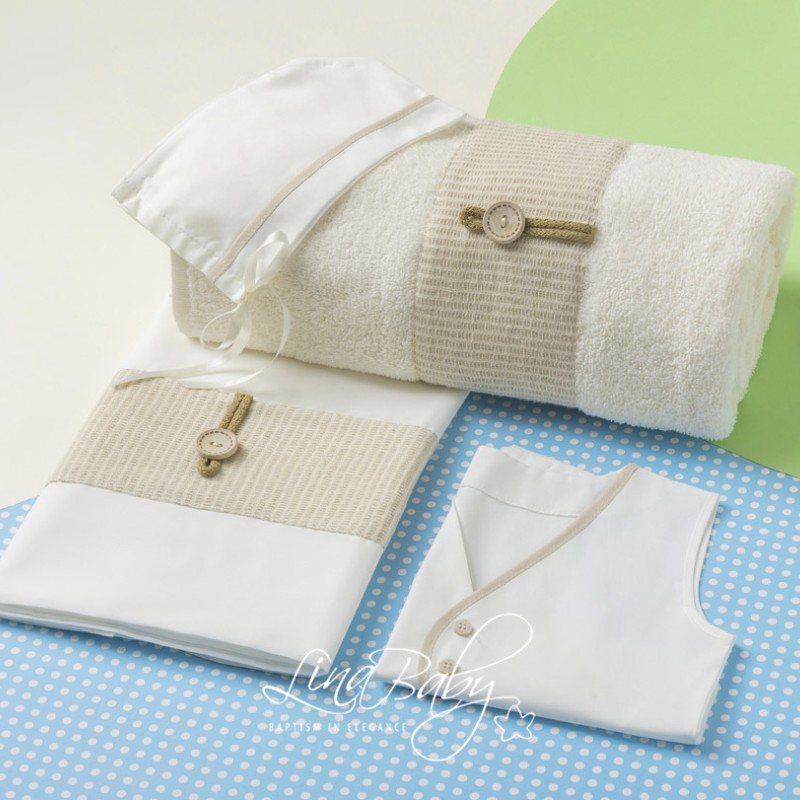 Λαδόπανα Βάπτισης – Εκρού με Αραχνούφαντη Τρέσα & Κουμπί