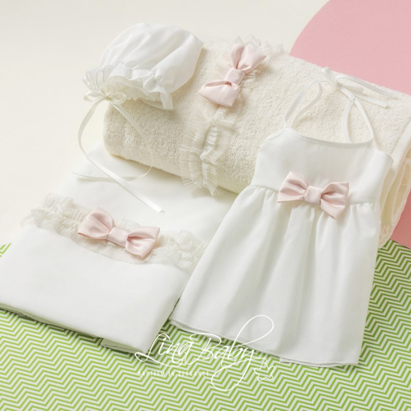 Λαδόπανα Βάπτισης – Εκρού με Διπλό Βολάν & Φιόγκο Πούδρας