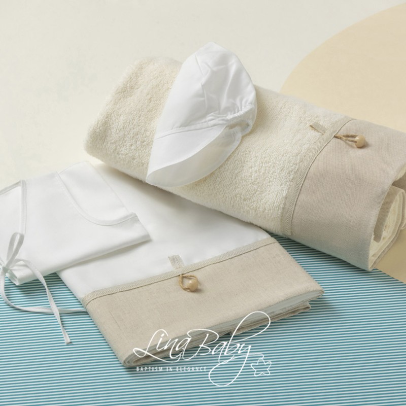 Λαδόπανο Βάπτισης Αγοριού - Ιβουάρ & Λινές Λεπτομέρειες σε Χρώμα Άμμου