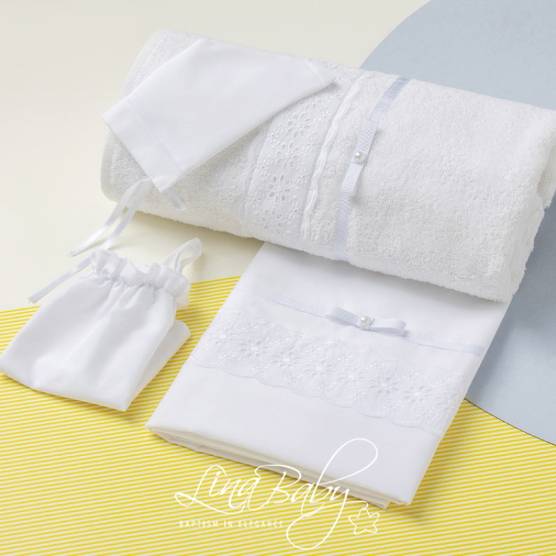 Λαδόπανο Βάπτισης Κοριτσιού - Λευκό με Broderie Anglais & Πέρλα