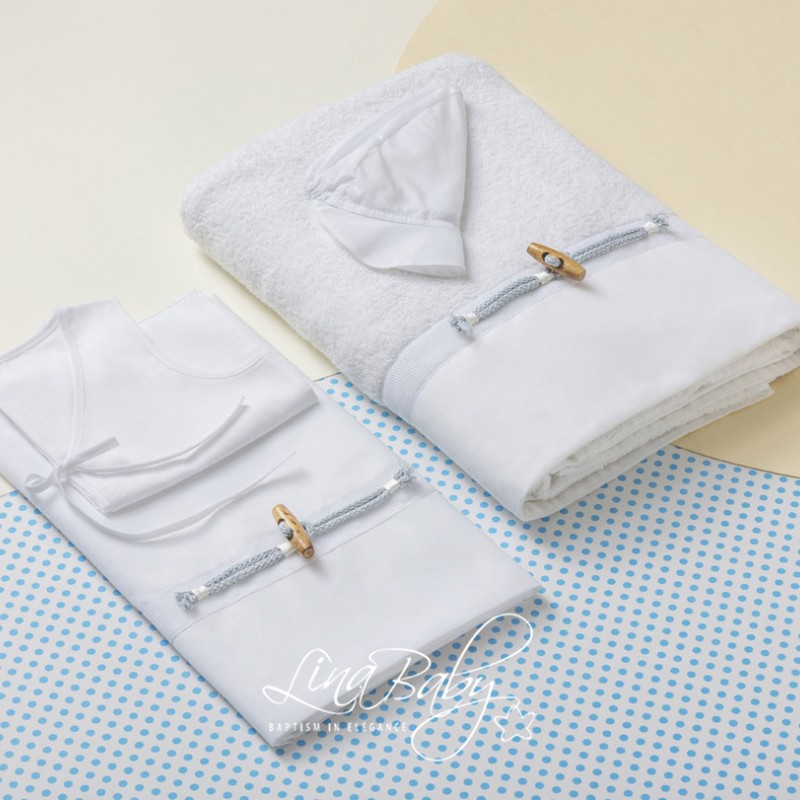 Λαδόπανα Βάπτισης Αγοριού – Λευκό με Μέντα Κορδόνι & Ξύλινο Κουμπί
