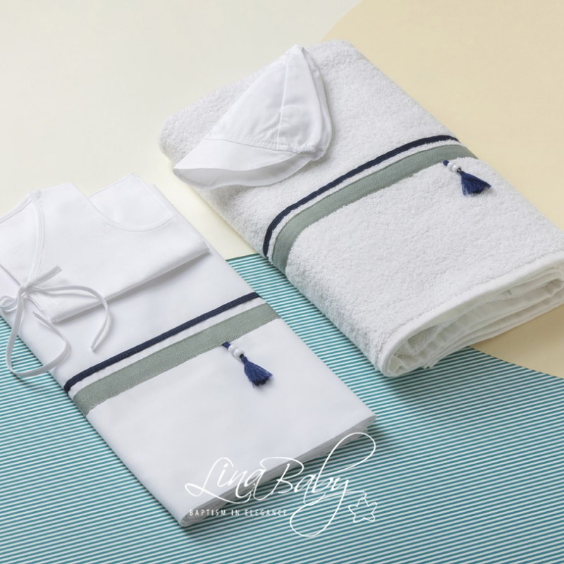 Λαδόπανα Βάπτισης Αγοριού – Λευκό με Μπλε & Μέντα Τρέσες