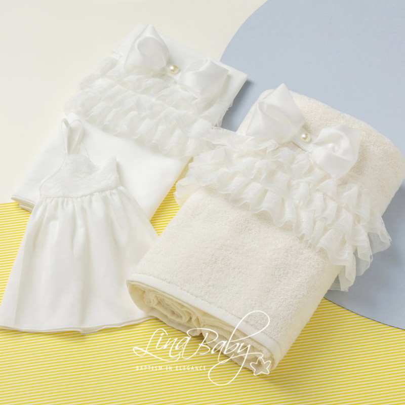 Λαδόπανα Βάπτισης – Off White με Οργαντίνα & Χειροποίητο Φιόγκο