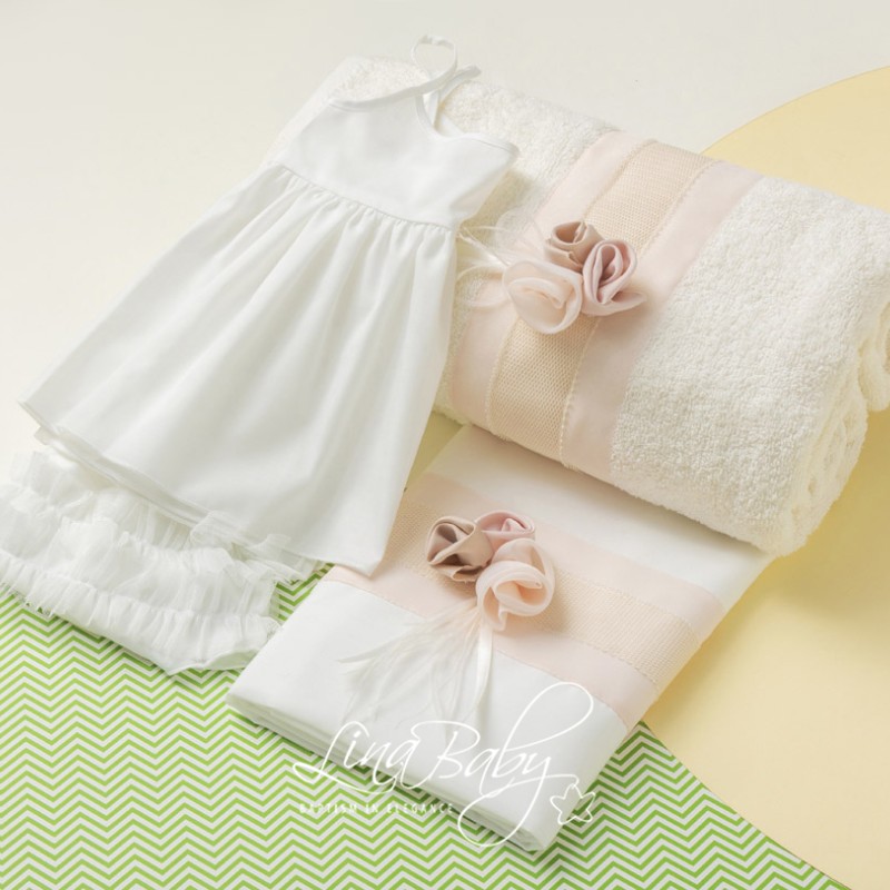 Λαδόπανα Βάπτισης – Off White με Πούδρα, Τριαντάφυλλα & Φτερά