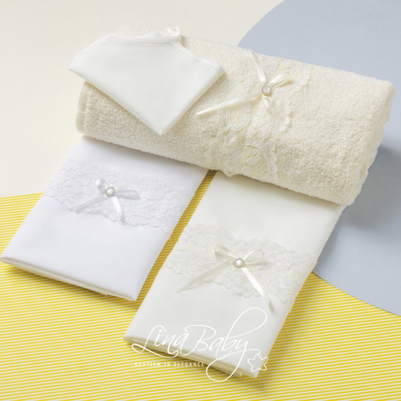 Λαδόπανα Βάπτισης - Λευκό & Εκρού με Δαντέλα Κορδονέ & Πέρλα