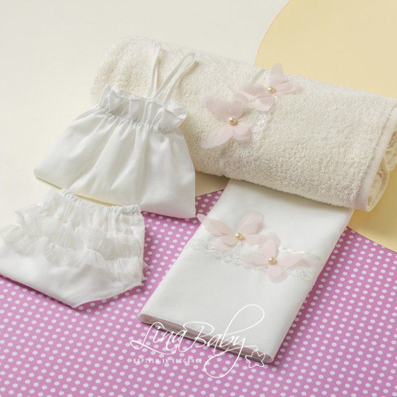 Λαδόπανα Βάπτισης – Εκρού με Δαντέλα, Χάντρες & Απλικέ Πεταλούδες