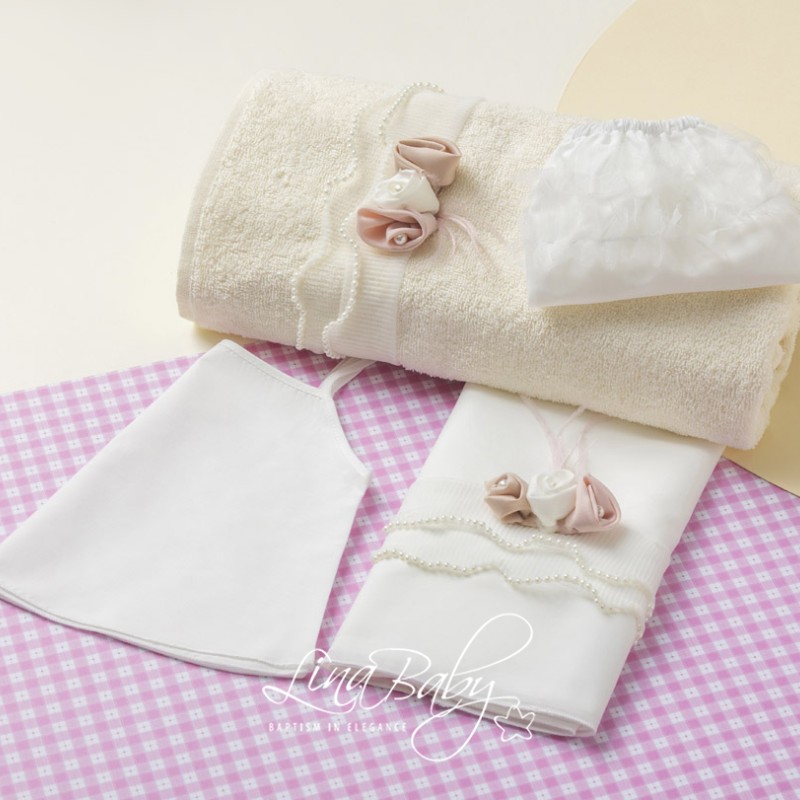 Λαδόπανο Βάπτισης Εκρού – Πλισέ Τούλι & Πέρλες